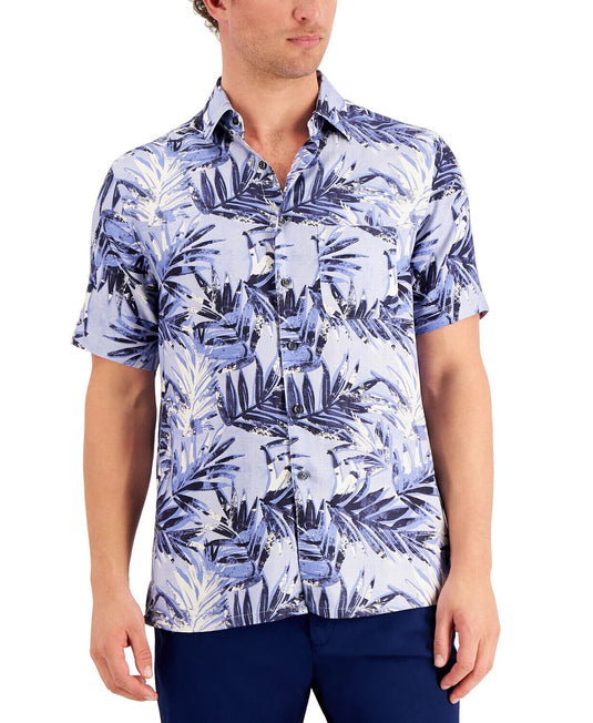 Translation missing: en.Tasso Elba Men's Silk Blend Regular-Fit Distressed Fern-Print Shirt Blue Combo-S
