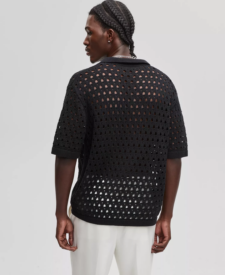 Translation missing: en.Mode of One Men's Johnny-Collar Open-Stitch Short-Sleeve Sweater Black-Medium