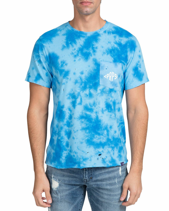 Translation missing: en.Prps Ballwin Cotton Tie-Dyed Destroyed Pocket Tee in Blue-Size Large