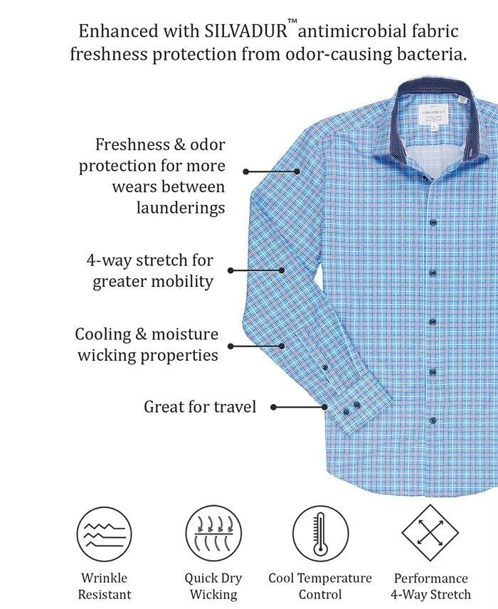 Translation missing: en.Con.Struct Mens Slim Fit Gingham Performance Stretch Dress Shirt Blue-18-18.5 35