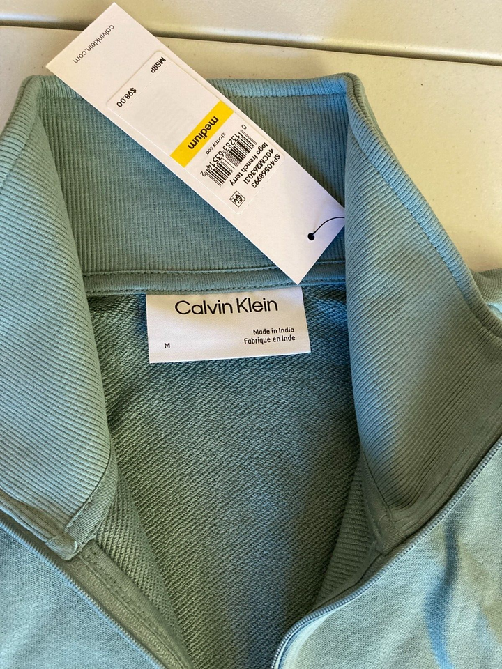 Translation missing: en.Calvin Klein Relaxed Fit Logo French Terry 1/4 Zip Sweatshirt Stormy Sea Green-M
