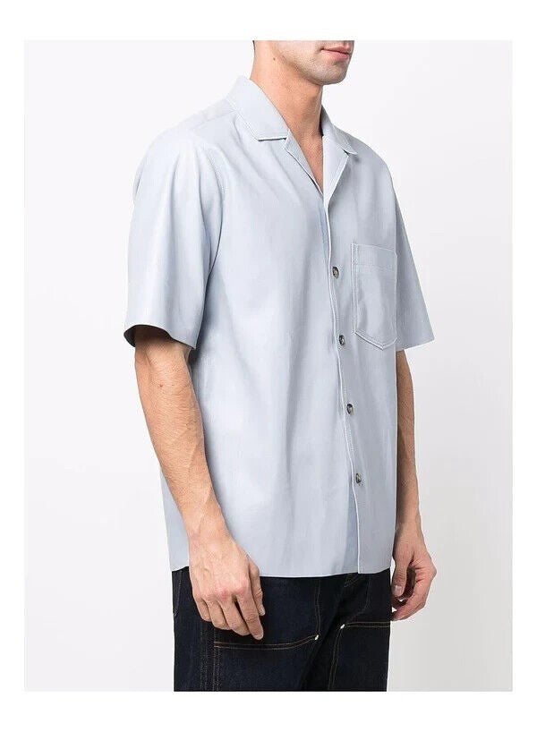 Translation missing: en.Nanushka Bodil Dusty Blue Okobor Faux Leather Camp Shirt-Small