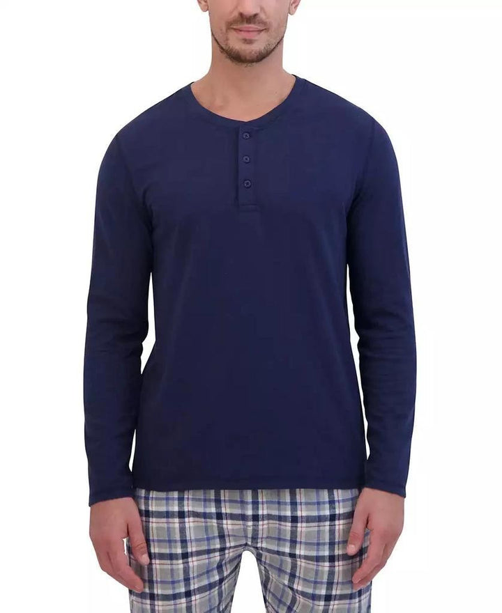 Translation missing: en.Hanes Men's 2-Pc. Henley Crew Top &amp; Ultra Soft Flannel Jogger Sleep Set Blue-Med