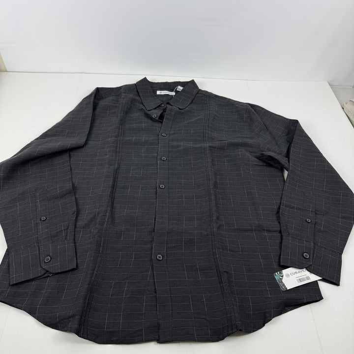 Translation missing: en.Cubavera Mens Dobby Textured Tuck Panel Long-Sleeve Shirt Quiet Shade Black-XL