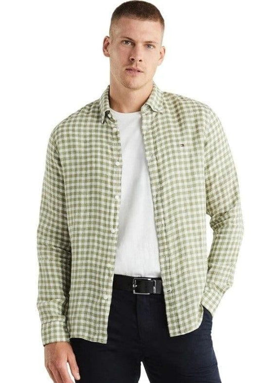 Translation missing: en.Tommy Hilfiger Men's Slim-Fit Gingham Check Linen Shirt Faded Olive  White-Small