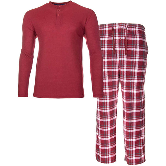 Translation missing: en.isotoner Mens Thermal Sleep Set Soft Jersey Knit Top Flannel Bottom Red-Large