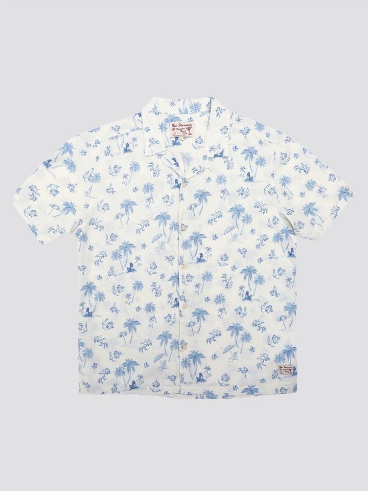 Translation missing: en.Ben Sherman Resort Tropical Print Linen &amp; Cotton Camp Shirt in Ivory Blue-Medium
