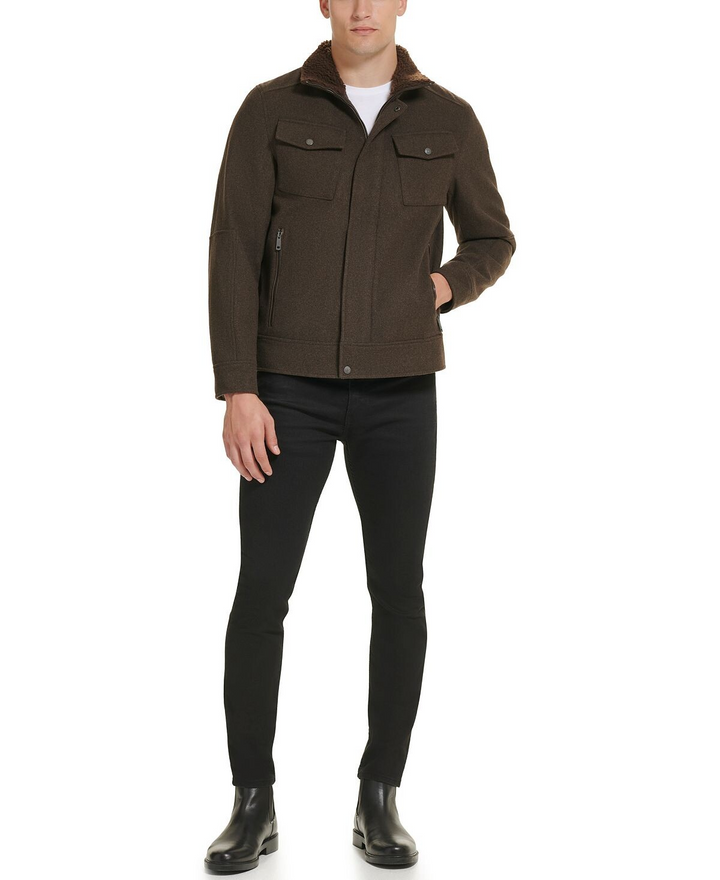 Translation missing: en.Kenneth Cole Mens Textured Wool Blend Sherpa Inner Collar Jacket Medium Brown-XL