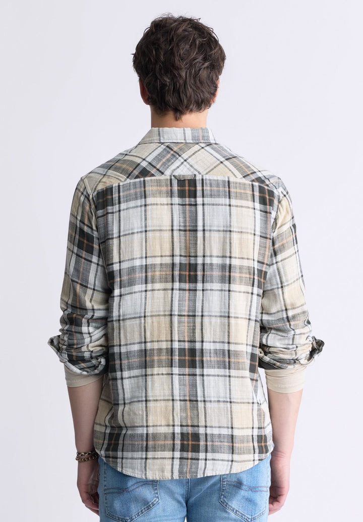 Translation missing: en.Buffalo David Men's Saolo Woven Plaid Cotton Shirt in Tan-Size Large