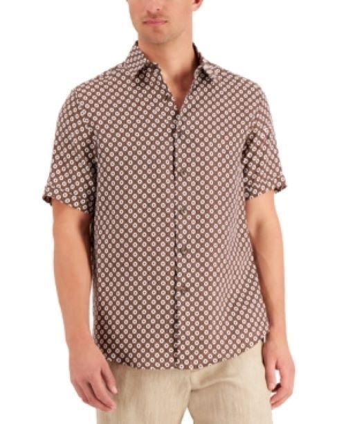 Translation missing: en.Tasso Elba Men's Regular-Fit Geo-Print Linen Shirt in Medium Brown-Small