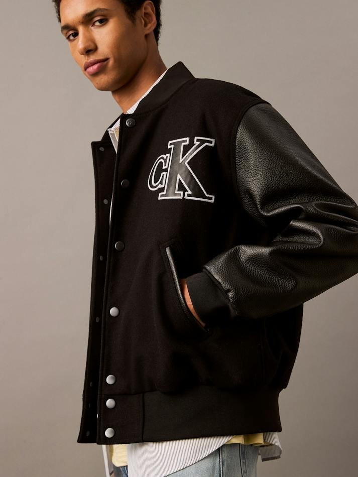 Translation missing: en.Calvin Klein Men's Varsity Monogram Wool Blend Bomber Jacket Black-Medium