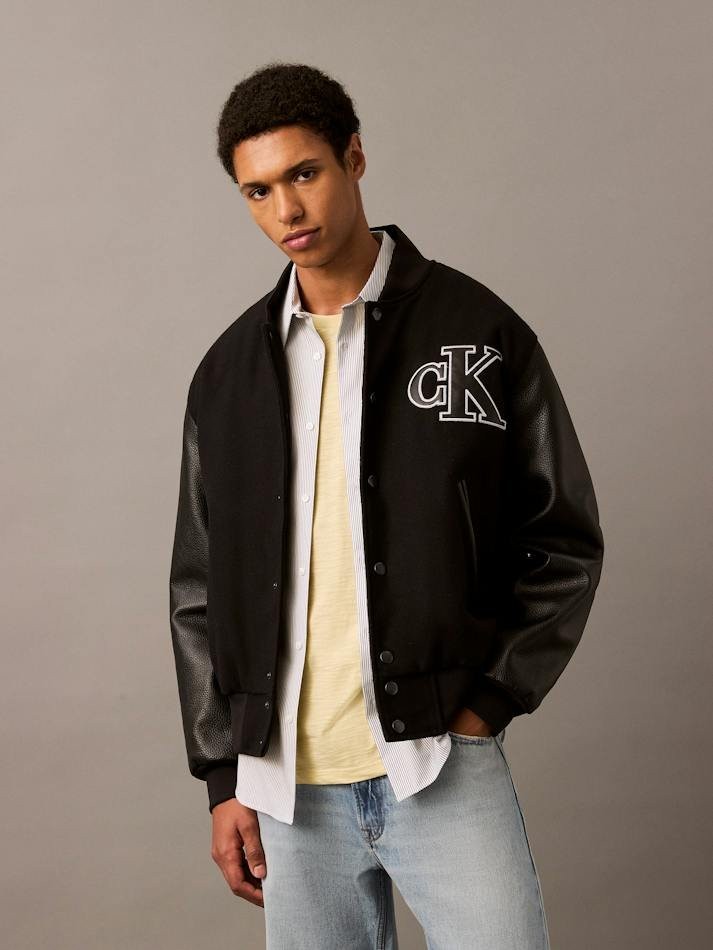 Translation missing: en.Calvin Klein Men's Varsity Monogram Wool Blend Bomber Jacket Black-Medium
