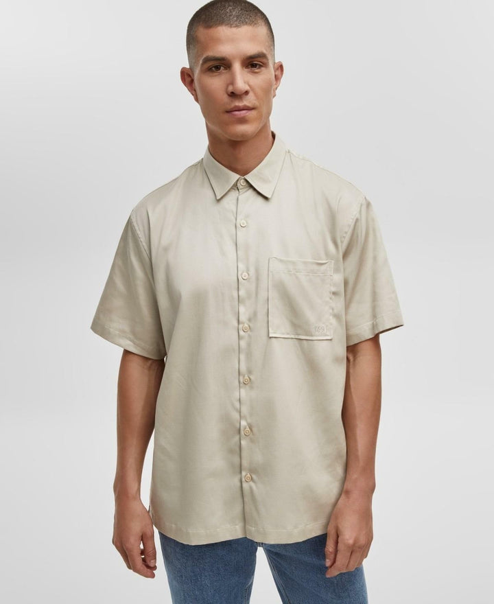 Translation missing: en.Mode of One Mens Relaxed-Fit Short Sleeve Woven Button Shirt Dark Ecru-Medium