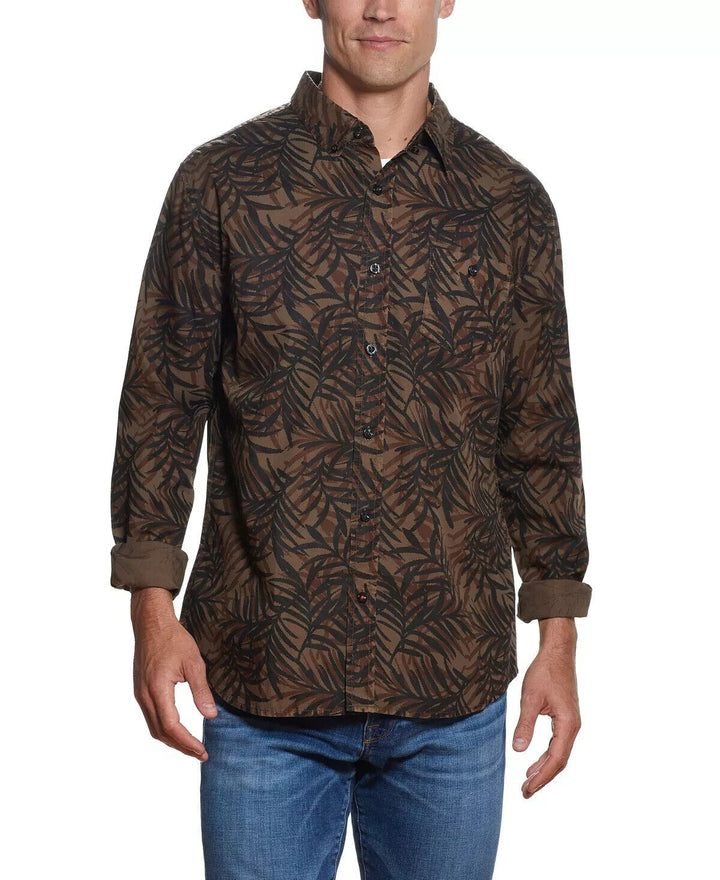 Translation missing: en.Weatherproof Vintage Men's All Cotton Leaf Print Woven Shirt in Raindrum-Small