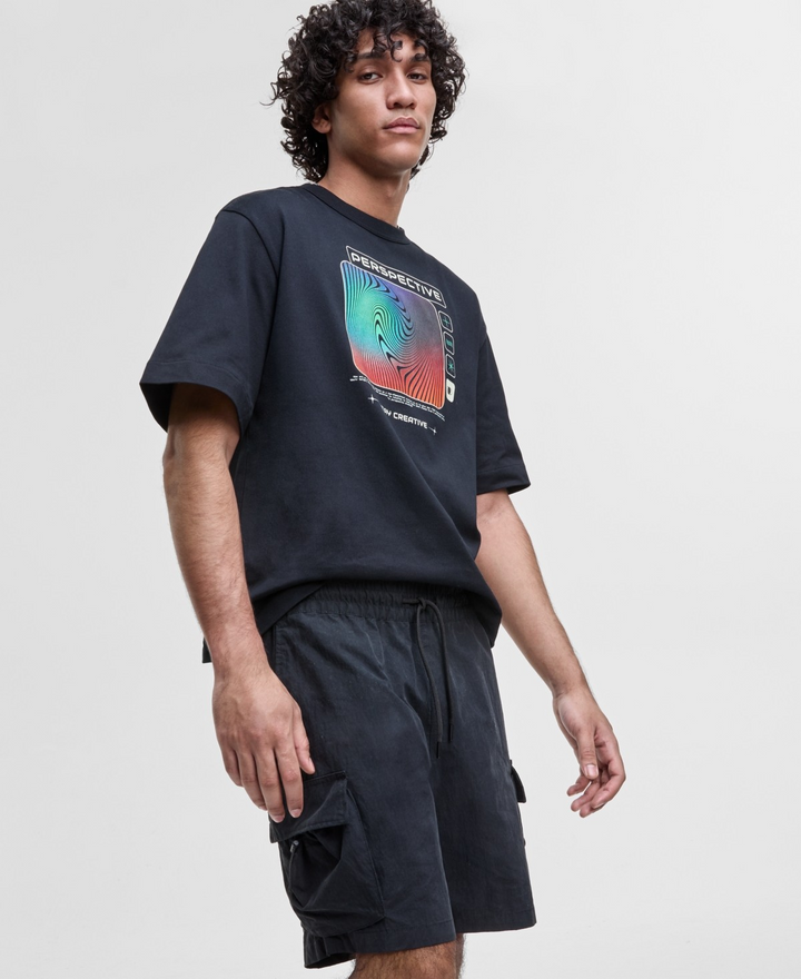 Translation missing: en.Mode of One Men's Relaxed-Fit Crinkled 7" Cargo Shorts Cotton Blend Black-2XL