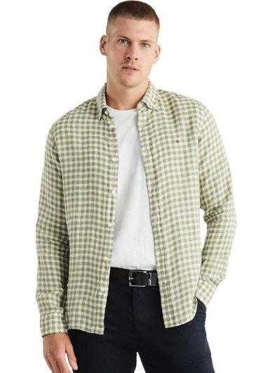 Translation missing: en.Tommy Hilfiger Men's Slim-Fit Gingham Check Linen Shirt Faded Olive  White-Small