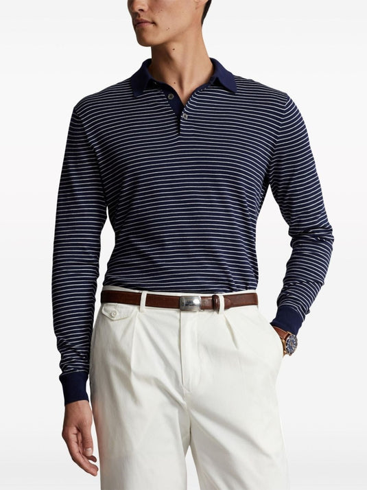 Translation missing: en.Polo Ralph Lauren Men's Cotton Stripe Regular Fit Polo Collar Sweater Navy-Small