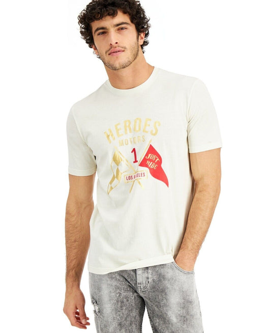 Translation missing: en.Heroes Motors Men's Cotton Crew Neck Flagged T-Shirt in Off White-Medium