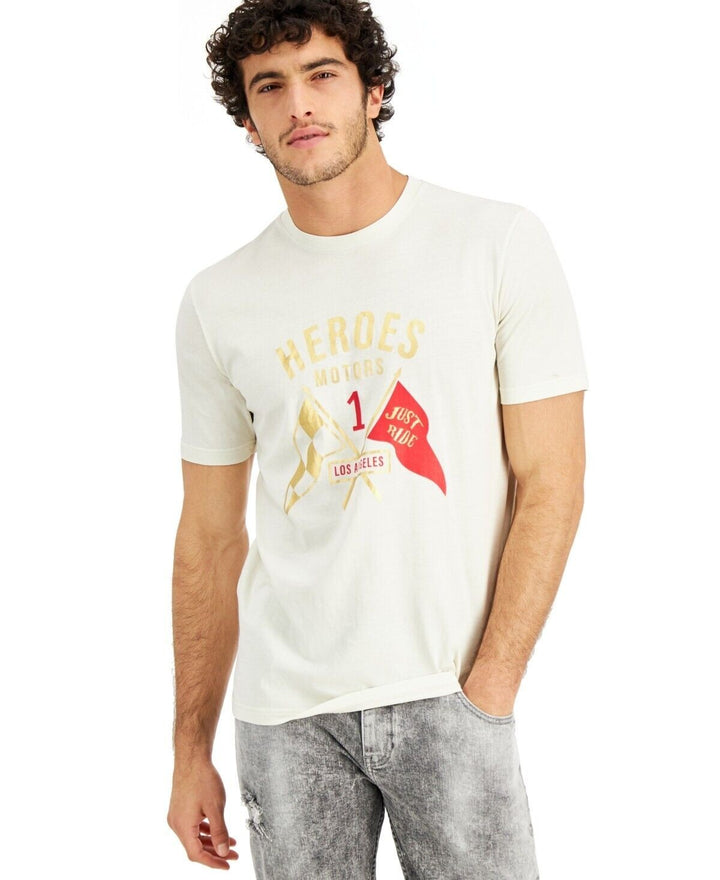 Translation missing: en.Heroes Motors Men's Cotton Crew Neck Flagged T-Shirt in Off White-Medium