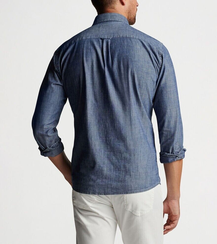 Translation missing: en.Peter Millar Men's Tamworth Chambray Sport Shirt in Indigo Blue-Size Small