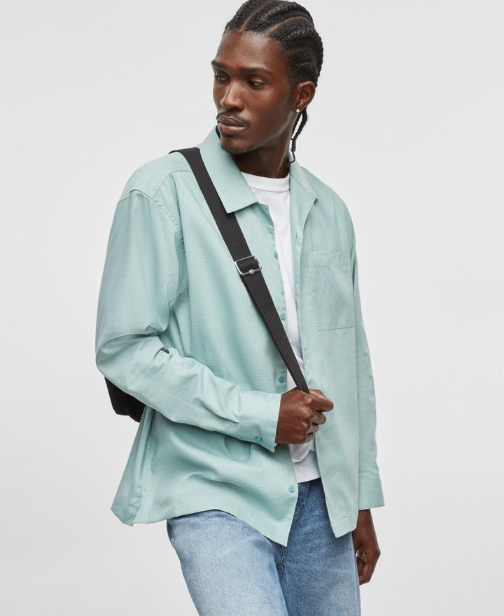 Translation missing: en.Mode of One Men's Hemp Blend Textured Long-Sleeve Button-Front Shirt Blue Fin-XL