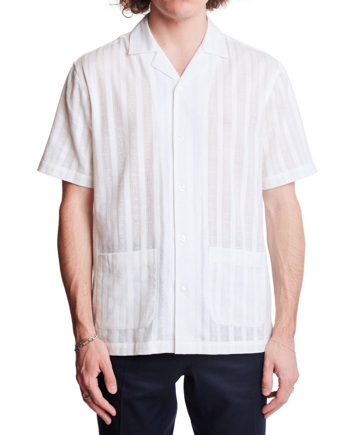 Translation missing: en.Paisley &amp; Gray Mens Slim Fit Short Sleeve Textured Stripe Camp Shirt White-Small