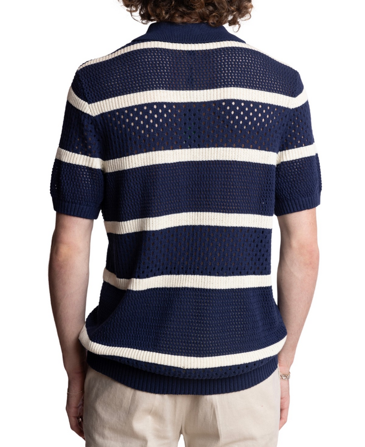 Translation missing: en.Paisley &amp; Gray Men's Short Sleeve Striped Crochet Cardigan Sweater Navy-2XL
