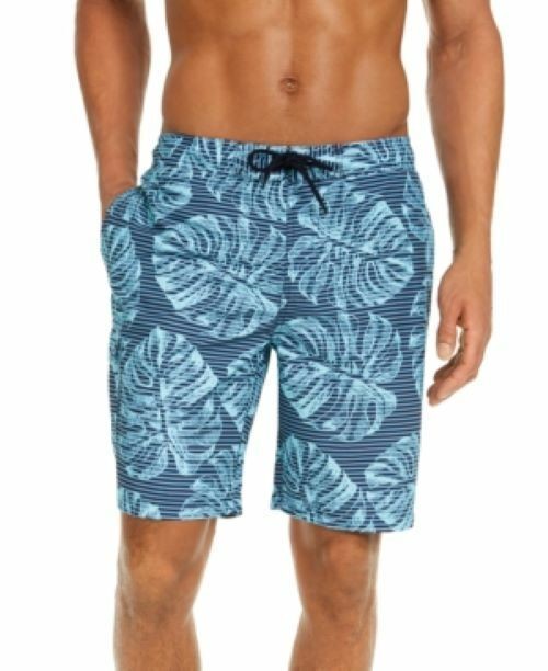 Translation missing: en.Club Room Men's Stripe Leaf-Print 9" Board Shorts Navy Combo Size Small 29-31