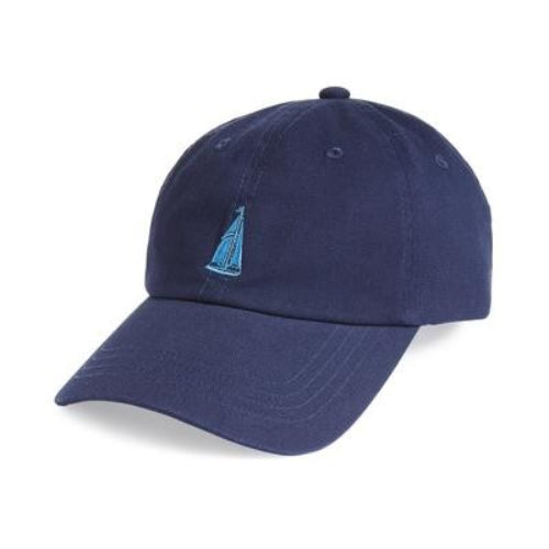 Translation missing: en.A navy blue baseball cap featuring a small embroidered light blue sailboat logo on the front, set against a plain white background