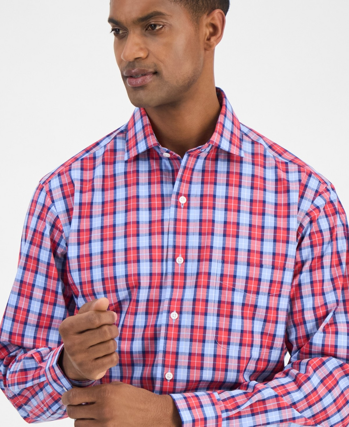 Translation missing: en.Club Room Men's Dress Shirt Size 18 36/37 Red Blue Plaid All Cotton Reg Fit