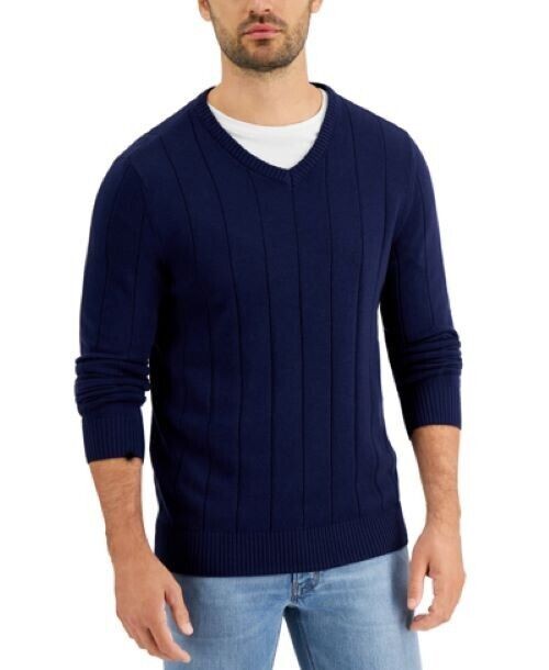 Translation missing: en.Club Room Men's Drop-Needle V-Neck Cotton Sweater in Navy Blue-Small