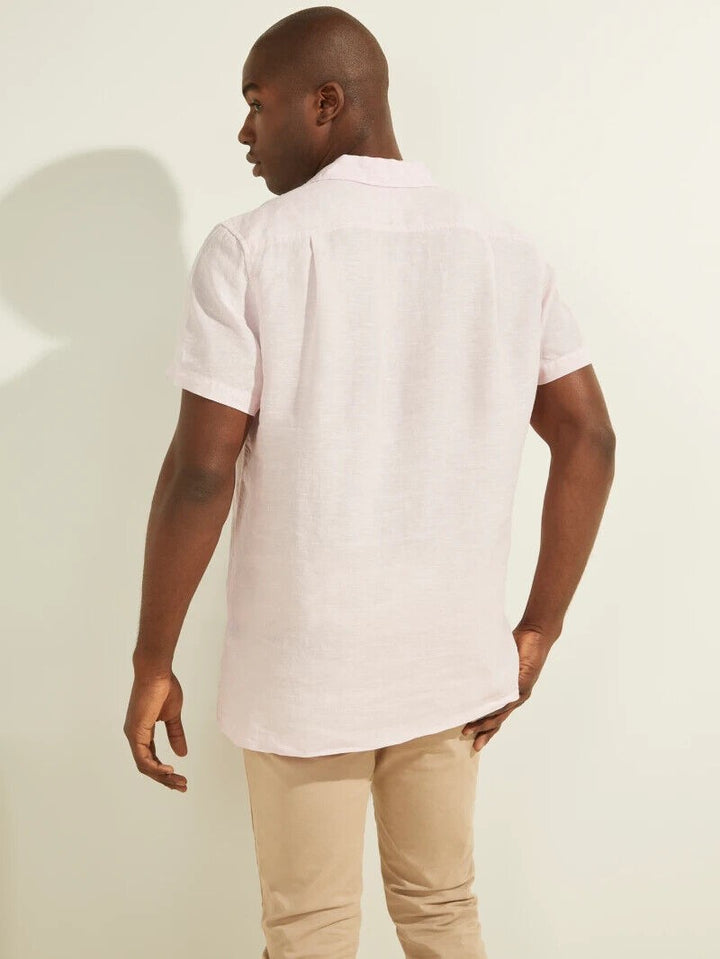 Translation missing: en.Guess Men's Regular Fit Eco Linen Camp Shirt in Blossom Light Pink Multi-Medium