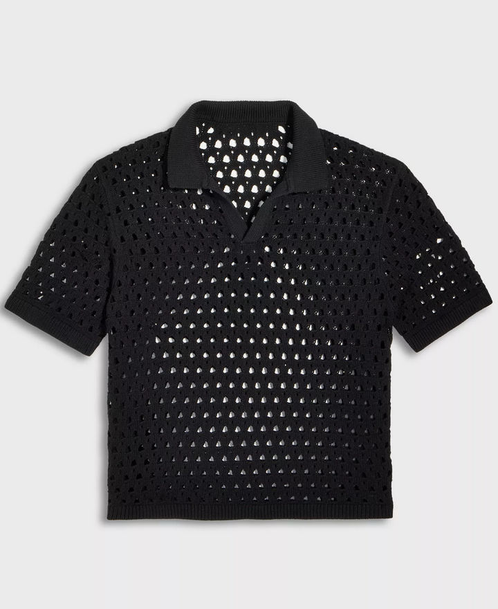 Translation missing: en.Mode of One Men's Johnny-Collar Open-Stitch Short-Sleeve Sweater Black-Medium