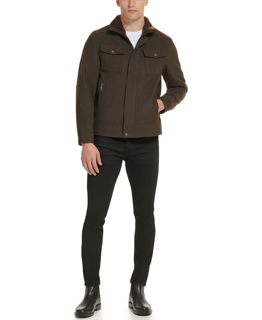 Translation missing: en.Kenneth Cole Mens Textured Wool Blend Sherpa Inner Collar Jacket Medium Brown-XL