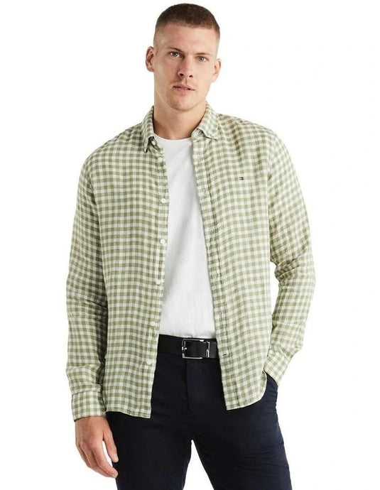 Translation missing: en.Tommy Hilfiger Men's Slim-Fit Gingham Check Linen Shirt Faded Olive  White-Small