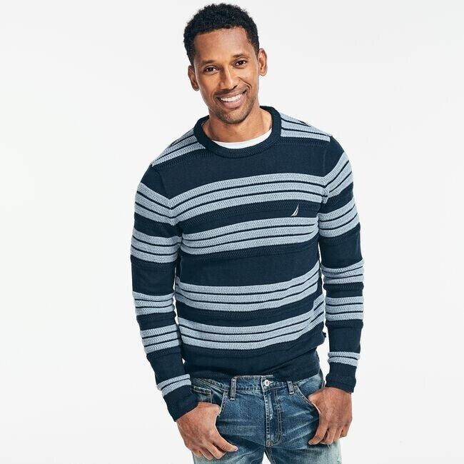 Translation missing: en.Nautica Men's Textured Striped Crewneck Sweater in Navy-Size Medium