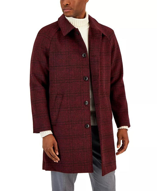 Translation missing: en.Alfani Men's Balmacaan Poly-Wool Plaid-Pattern Dual-Pocket Top Coat Merlot-Large