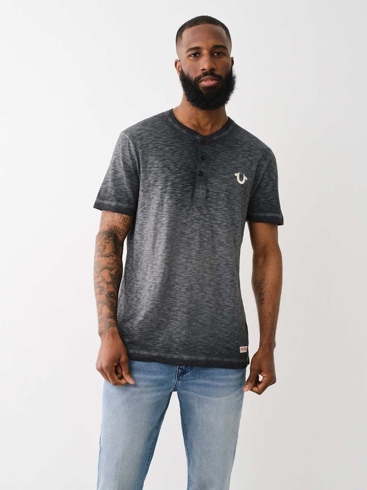 Translation missing: en.True Religion Henley Shirt Men's Small Jet Black Short Sleeve Dyed Embro Cotton