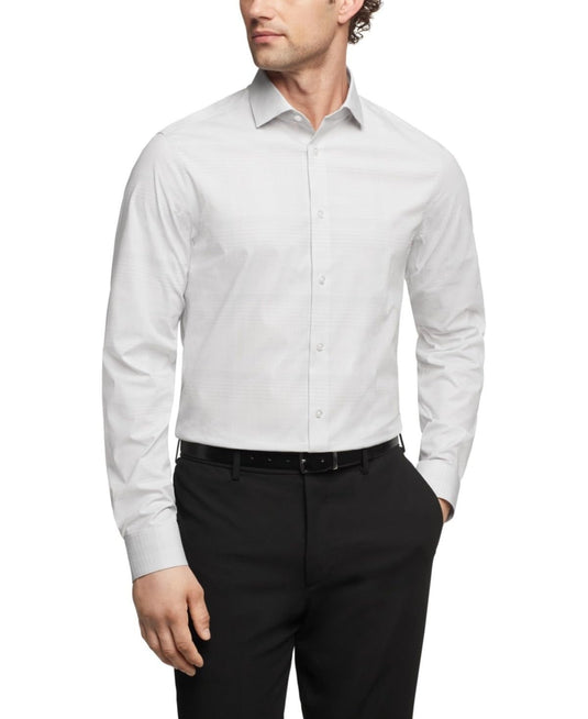 Translation missing: en.Calvin Klein Steel Plus, Men's Slim Fit Dress Shirt Plaid Grey-17.5 34/35