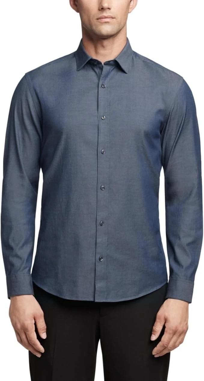 Translation missing: en.Calvin Klein Men's Washed Denim Stretch Slim Fit Dress Shirt Dark Denim-16 32/33