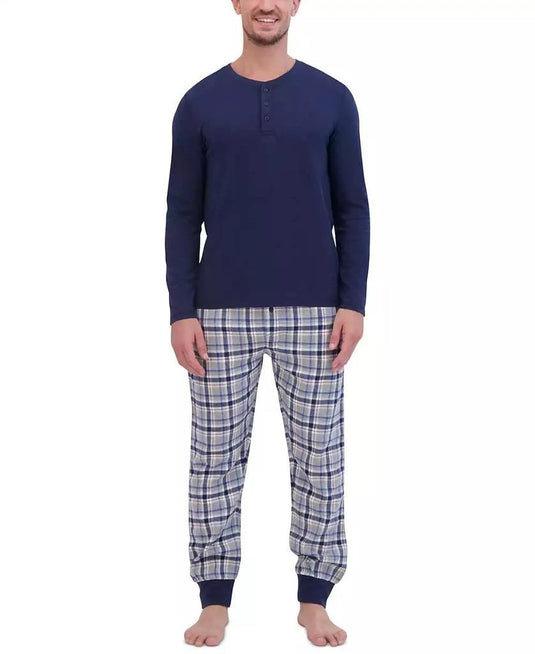 Translation missing: en.Hanes Men's 2-Pc. Henley Crew Top &amp; Ultra Soft Flannel Jogger Sleep Set Blue-Med