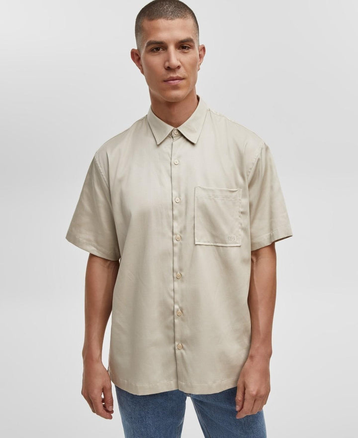 Translation missing: en.Mode of One Mens Relaxed-Fit Short Sleeve Woven Button Shirt Dark Ecru-Medium