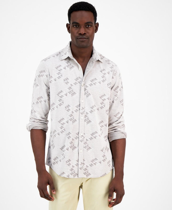 Translation missing: en.Alfani Men's Jacquard Knit Button-Down L/S Shirt Silver Cloud Heather-Small
