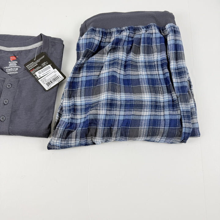 Translation missing: en.Hanes Men's 2-Pc. Henley Crew Top &amp; Ultra Soft Flannel Jogger Sleep Set Grey-XL