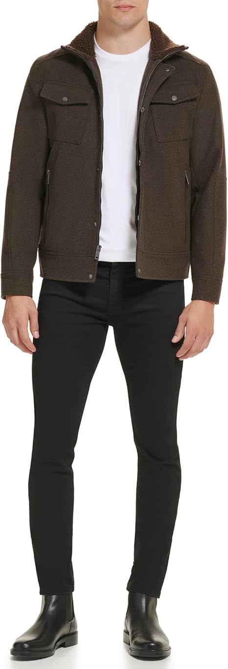 Translation missing: en.Kenneth Cole Mens Textured Wool Blend Sherpa Inner Collar Jacket Medium Brown-XL