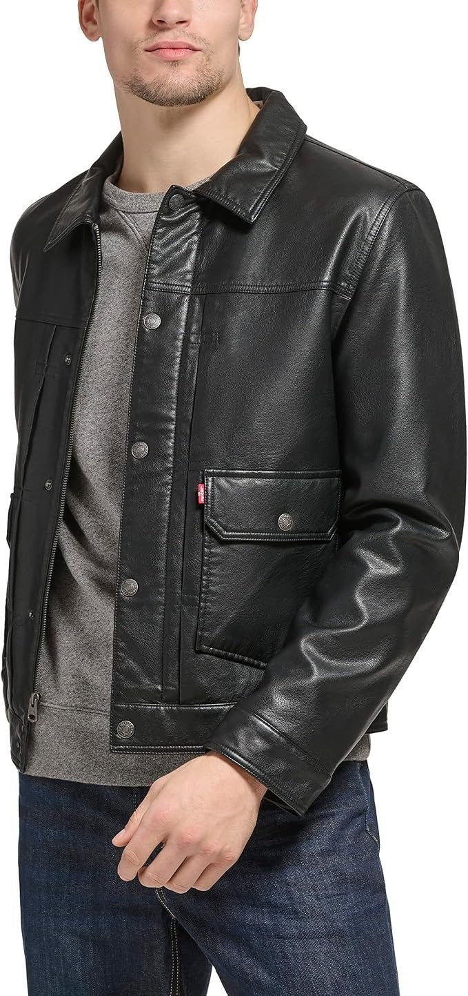 Translation missing: en.Levi's Men's Faux Leather Snap-Zip Front Water-Resistant Jacket - Black-XL