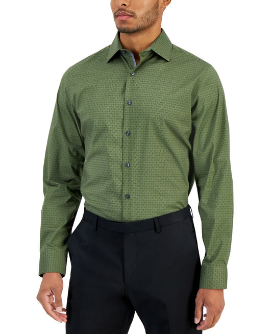 Translation missing: en.Bar III Dress Shirt Men's 14-14.5 32/33 Olive Green Slim-Fit Geo-Print Stretch