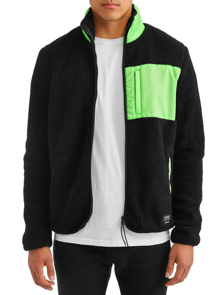 Translation missing: en.WeSC Moritz Mixed-Media Sherpa Slim Fit Fleece Jacket Black Neon Green-Size Larg