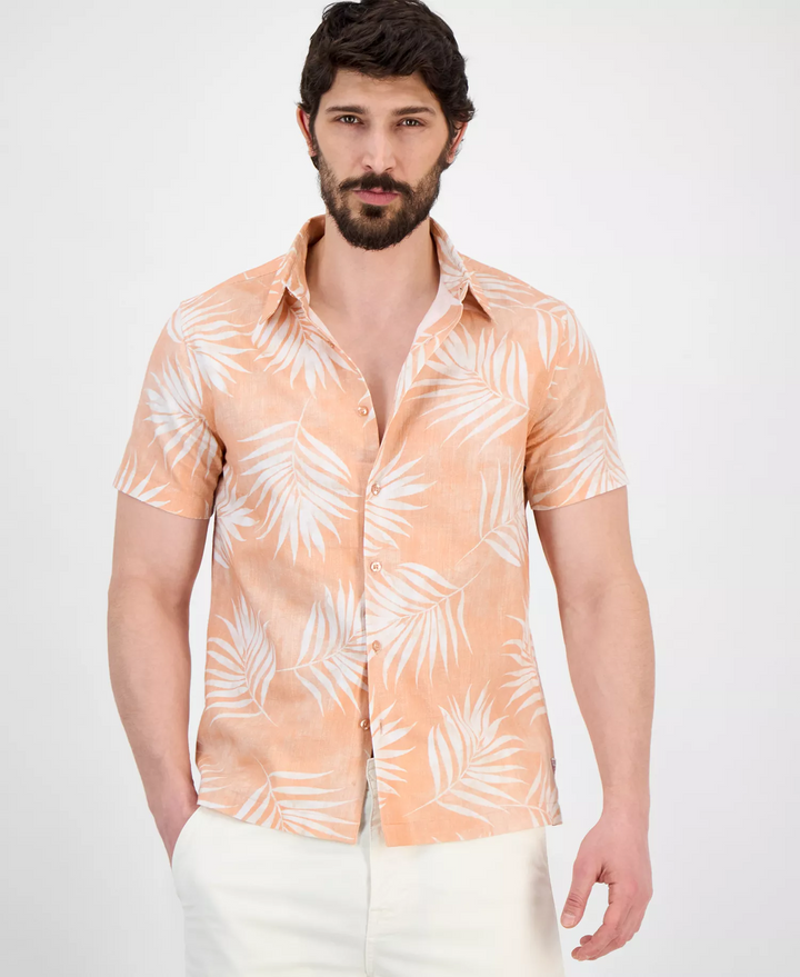 Translation missing: en.Guess Men's Regular-Fit Textured Palm-Print Button-Down Shirt Pink-Medium