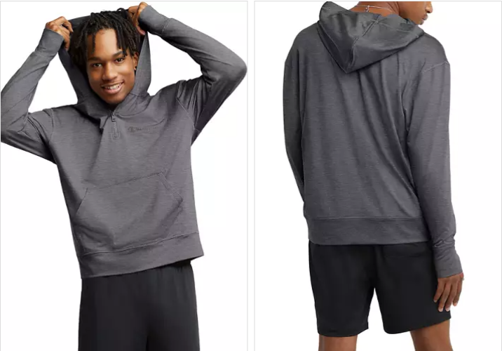 Translation missing: en.A model wearing a dark gray heathered hooded sweatshirt shown from both the front and back, paired with black athletic shorts against a plain white background